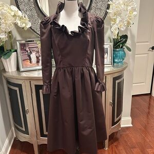 Jill Richard vintage 60's Satins Ruffle-Neck Long Sleeve Brown Midi Dress